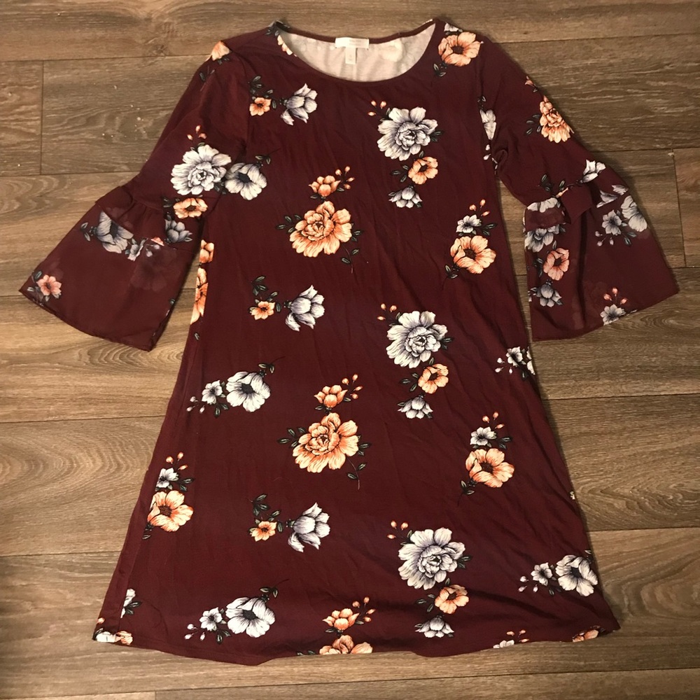 Burgundy floral bell sleeve Lauren Conrad dress